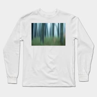 Blurred abstract trees in forest on foggy morning Long Sleeve T-Shirt